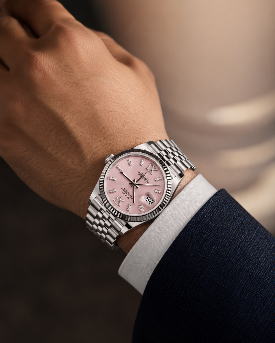 A pink-dial Rolex Datejust worn with a tailored suit